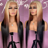 Yeknu  Blonde with Brown Ombre Wig Synthetic Lace Front Wig Long Straight Body Wave 13x4 Frontal Gradient Colored Wigs for Women