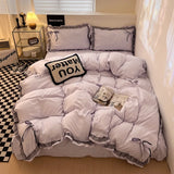 Yeknu  Bow 100% Cotton Embroidery Bedding Set New Cozy Skin Friendly Comforter Kit with Lace Single Double Bedclothes for All Seasons