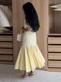Yeknu  Elegant Pleated Women's Long Dress V-Neck Short Sleeve Waist-Closed Lady Dresses Summer Autumn Female Vacation Robe New