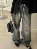 Yeknu  Autumn Long Jeans Pants Women Ripped Hole Korea Style Loose Ladies Jeans Trousers Wide Leg Fashion Casual Woman Pants