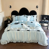 Yeknu  Romantic Lace Princess Black Bow Bedding Set Pink Korean Style Duvet/Comforter Cover Set Bed Sheet/Fitted Sheet Pillowcases 4Pcs