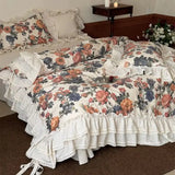 Yeknu  Vintage Oil Painting Floral Cotton Linen Bedding Set Double Layer Lace Ruffles Duvet Cover Set Bed Sheet Pillowcase