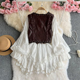 Yeknu  Sweet Lace Patchwork Waist Long-sleeved Dress + Leather Vest 2-piece Set Dresses Women's Boho Beach Holiday Short Dress Set