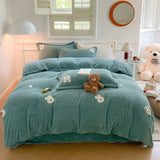 Yeknu New Embroidered Teddy Velvet Bedding Set Winter Warm High-end Soft Warmth Duvet Cover Set with Sheet Quilt Cover and Pillowcases