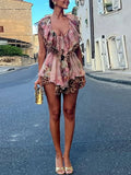 Yeknu  Floral Print Romper Sleeveless Ruffle Trim Deep V Neck Irregular Hem Light Chiffon Fabric Summer Vacation Lady Chic Romper