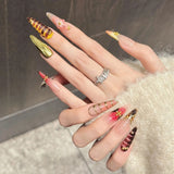 Yeknu  10pcs Handmade Long Almond Press on Nails Sweet Cool 3D Carved Petals Decor Fake Nails Wearable Detachable French False Nails