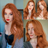 Yeknu  Long Auburn Wig Layered Natural Wavy Synthetic Hair Free Part Copper Wigs for Women Curly Orange Wig for Daily Party Cosplay