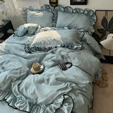 Yeknu  Hot Sale summer ice silk Korean large lace washed silk four-piece set lace mattress cool bed sheet summer bedding