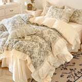 Yeknu  Romantic French Country Style Bedding Set - 100% Cotton Floral Print, Lace Embroidered Duvet Cover with Detachable Skirt