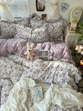 Yeknu 3/4Pcs Korean Princess Style Floral Ruffles Bedding Set Skin-friendly Soft Duvet Cover Set Bed Sheet Or Bed Skirt Pillowcases