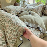 Yeknu  4-pcs Set with Linen Touch, Pure Polyester Material Ruffled Romantic Bow Design Girl Woman Bedroom Bedding Set Colored Flowers
