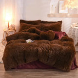 Yeknu  Winter Warm Long Plush Pink Bedding Set Queen Mink Velvet Double Duvet Cover Set with Fitted Sheet Warmth Quilt Covers