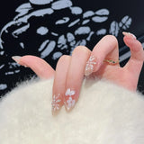 Yeknu  10pcs Cat Eye Press on Nails Carved Flower False Nails Glitter Rhinestone Pearl Acrylic Nail Art French Almond Gentle Fake Nails