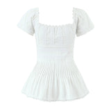Yeknu  Lace Stitching Pleated Shirt Summer Short Sleeve Square Collar Elegant White Tops For Women Blouses Shirts