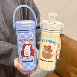 Yeknu  380ml/550ml Cartoon Double Stainless Steel Thermal Flask With Straw Portable Cute Kids Student Thermal Bottle Travel Tumbler