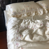 Yeknu  800TC Lyocell Bamboo Fiber Soft Silky Bedding Set Rose Floral Embroidery Lace Ruffles Duvet Cover Flat Sheet Pillowcases