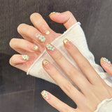 Yeknu  10pcs Fake Nails Pink Gold Cat Eyes Shiny Handmade Press On Nails Fashion 3D Flowers Decor False Nail Tips Wearable Full Cover