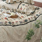 Yeknu  Vintage Floral Embroidery Cotton Linen Blend Bedding Set Ruffle Lace Edge Duvet Cover Flat Bed Sheet Pillowcases 4Pcs