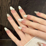 Yeknu  10Pcs Short Oval Head Press On Nails With Pink Gold Powder Pearl Flower Design False Nails For Party Wedding Wearable Fake Nails