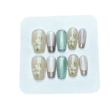 Yeknu  10pcs Ombre Cat-Eye Handmade Nails Floral Gold Leaf Press on Nail Short Square Full Coverage Nail Tips for Women&Girl False Nail