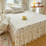 Yeknu  100%Cotton King Queen Bed Skirt Ruffle Cotton Quilted 18Inch Bed Skirt Thick Quilted Bed Cover Dustproof Bed Skirts 2Pillowcases