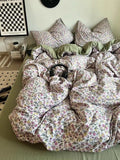 Yeknu Korean Style Ins Retro Fresh Floral Washed Cotton Bed Four Piece Duvet Set, Student Dormitory Bed Sheet Three Piece Set