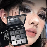 Yeknu  Smoky Black Eye Shadow Palette 9 Colors Black Gray Rose Eyeshadow Lasting Shimmer Eyes Makeup Dark Pressed Glitter Eyeshadow