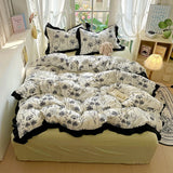Yeknu  New French Lace Wash Quilt Cover Korean-style Romantic Herben-style Black Print Four-piece Set Skin Friendly Bedding Set