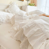 Yeknu 4Pcs White Korean Princess Style 100% Cotton Bedding Set Double Layer Lace Ruffles Duver Cover Bed Skirt Bedspread Pillowcases