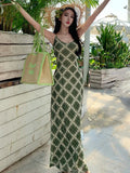 Yeknu  Summer Green Plaid Suspender Dress Women Summer Sleeveless V-neck Sexy Hip-wrapped Long Dress