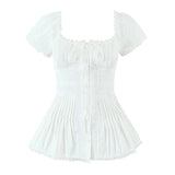 Yeknu  Lace Stitching Pleated Shirt Summer Short Sleeve Square Collar Elegant White Tops For Women Blouses Shirts