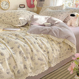 Yeknu  new small fresh printing French lace lace double four-piece set bedding wrinkled yarn student three-piece set
