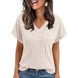 Yeknu  Women's Clothing Europe America All-match Knit T-shirt Summer New Casual Loose V-neck Short Sleeve Pullover Lady Solid Tops