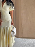 Yeknu  Elegant Pleated Women's Long Dress V-Neck Short Sleeve Waist-Closed Lady Dresses Summer Autumn Female Vacation Robe New