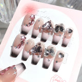 Yeknu  Gradient Blue Fake Nails with Flower Crystal Design Glitter Fake Nails for Lady Girls Christmas Gifts Artificial Nails Handmade
