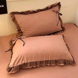 Ins Princess Style Ruffle Trim Duvet Cover Set - Washed Cotton Korean-Style Minimalist Sheet 4-Piece/3-Piece Bedding for Girls