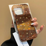 Yeknu  Retro Amber Texture Laser Phone Case For iPhone 11 12 13 14 15 16 Pro Max XS X XR 7 8 Plus 16E SE Flower Pattern Cover