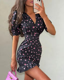 Yeknu  Floral Print Women's Casual Dress V-neck Puff Sleeve Waistband Ruffle Hem Female Mini Dresses Summer Party Vacation Gown