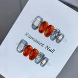 Yeknu  10pcs Sweet & Edgy Orange-Blue Handmade Nails Checkered Bow Star Rhinestone Press on Nail Short Oval Fake Nail for Women&Girl