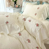 Yeknu French Romantic Lace Bubble Gauze Bedding Set Queen Elegant Princess Style Embroidered Duvet Cover Set Ruffled Quilt Cover Sets