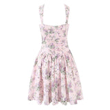 Yeknu  Jastie French Style Floral Print Sleeveless Mini Dresses Women Square Neck Low Waist A-line Slim Summer Dress Holiday Robe