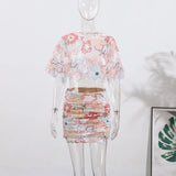Yeknu  Sexy Lace Up Hallow Out Top Skirt Set Women Slim Half Sleeve O-neck Crop Tops Mini High Waist Skirts Summer Beach Lady New