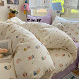 Yeknu Cartoon Bedding Set Ins Korean Towel Embroidery Bed Linen Flat Sheets Set 2 Pillowcases Twin Double Queen Size Duvet Cover Set