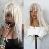 Yeknu  Platinum Blonde Layered Cut Wig with Bangs Long Silky Straight Lace Front Wigs for Women 13x4 Synthetic Hair Natural Hairline