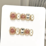 Yeknu  10pcs Handmade Cute Short Press on Nails Black Dot Bow Design Cat Eye Fake Nails Wearable Detachable Sweet Girls False Nails
