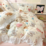 Yeknu  New Yunsoft Cotton Korean INS Age Reduction Lace Cartoon Four-Piece Set Quilt Cover Set Girls Bedding Set