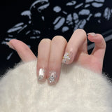 Yeknu  10Pcs Cat Eye Press on Nails Nude Color Short Square False Nails Zircon Snowflake Pearl Manicure Nail Glitter Diamond Fake Nails