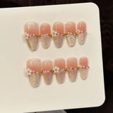 Yeknu  10Pcs Short Oval Head Press On Nails With Pink Gold Powder Pearl Flower Design False Nails For Party Wedding Wearable Fake Nails