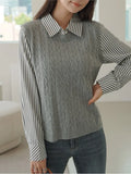 Yeknu  Autumn Knitted Patchwork Pullover Tops Women Striped Print Fashion Casual Ladies Blouses Korean Style Woman Tops