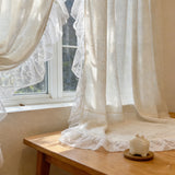 Yeknu  1Pc,Beige Linen-like Semi-Shade Curtains with White Ruffled Lace Trim, Suitable For Bedrooms,   French Romantic Living Room Wind